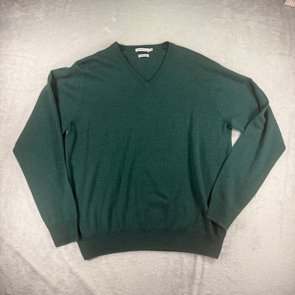 Peter Millar Merino Wool V Neck Green Sweater Size Large  H
